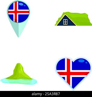 Ensemble d'icônes vectorielles représentant la culture islandaise, la géographie et la fierté nationale. Les icônes islandaises définissent le tourisme et les symboles nationaux Illustration de Vecteur