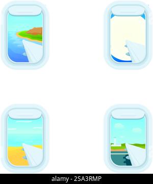 Collection de quatre vues de fenêtre d'avion illustrant différents paysages. Ensemble de vecteurs de vues de fenêtre d'avion Illustration de Vecteur