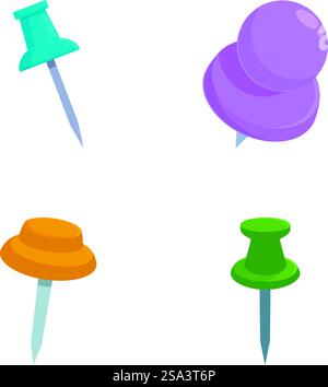 Quatre punaises vibrantes en bleu, violet, orange et vert isolées sur fond blanc. Jeu de punaises colorées isolées sur blanc Illustration de Vecteur