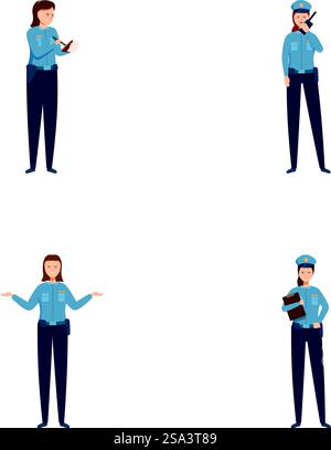 Collection de quatre illustrations montrant des policiers de dessins animés exerçant différentes fonctions. Ensemble de policiers de dessins animés dans diverses poses Illustration de Vecteur