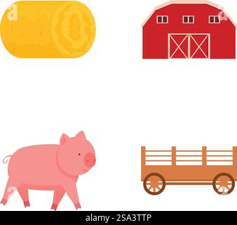 Ensemble détaillé d'illustration vectorielle d'éléments de ferme avec des balles de foin, grange, agriculture, porcs, wagons, animaux, bétail et équipement agricole dans une collection d'icônes de conception simple et plate. Collection d'illustrations vectorielles colorées représentant une balle de foin, une grange, un cochon et un wagon Illustration de Vecteur