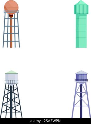 Collection de différents modèles de château d'eau isolés sur fond blanc. Ensemble de quatre illustrations de château d'eau Illustration de Vecteur