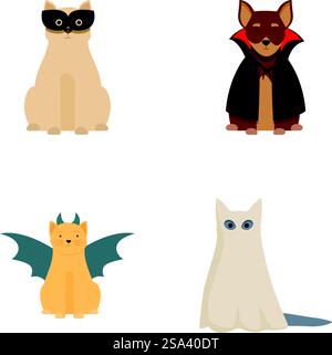 Collection festive de chats d'halloween de dessins animés avec de mignons personnages félins dans des costumes effrayants et des illustrations ludiques pour des fêtes à thème et des célébrations trickortraitantes en octobre. Ensemble de chats de bande dessinée mignons habillés dans divers costumes d'halloween sur un fond blanc Illustration de Vecteur