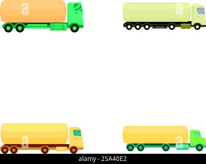 Illustration vectorielle de quatre camions de livraison colorés de style dessin animé sur un fond blanc. Ensemble de camions de livraison de dessins animés isolés sur blanc Illustration de Vecteur