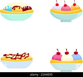 Collection d'illustrations de desserts assorties comprenant des friandises et des confiseries sucrées dans une variété de desserts délicieux, y compris de la crème glacée, des gâteaux, des pâtisseries, et plus encore. Ensemble de quatre illustrations présentant diverses friandises sucrées dans des bols, parfaites pour les menus ou le contenu alimentaire Illustration de Vecteur