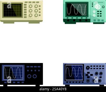 Collection de quatre modèles d'oscilloscopes vintage isolés, dans un style d'illustration plat. Ensemble de quatre illustrations d'oscilloscope vintage Illustration de Vecteur