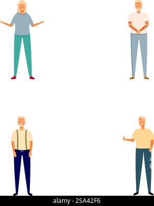 Collection de quatre personnages d'hommes seniors dans diverses poses isolés sur un fond blanc. Ensemble de divers personnages d'hommes seniors Illustration de Vecteur
