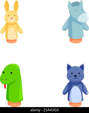 Collection de quatre adorables marionnettes à doigts en forme d'animaux de bande dessinée isolés sur blanc. Ensemble de marionnettes à doigt animal de dessin animé mignon Illustration de Vecteur
