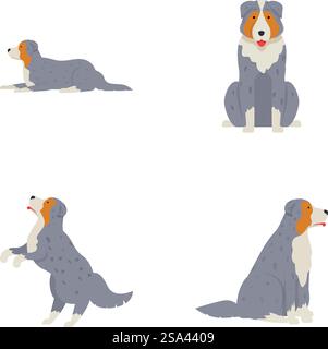 Bergers australiens illustrés présentant différentes poses et émotions, isolés sur blanc. Ensemble de chiens de berger australiens de dessins animés dans diverses poses Illustration de Vecteur