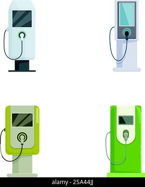 Collection de quatre chargeurs de voiture électrique différents dans un style de bande dessinée moderne sur un fond blanc. Ensemble de quatre stations de charge de véhicule électrique de style dessin animé Illustration de Vecteur
