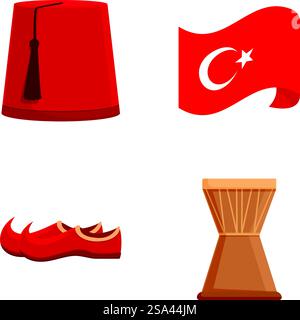 Ensemble d'icônes culturelles traditionnelles turques, y compris fès, drapeau, pantoufles et sablier isolé sur un fond blanc. Collection de quatre symboles culturels turcs colorés isolés sur un fond blanc Illustration de Vecteur