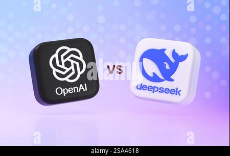 Valencia, Espagne - janvier 2025 : OpenAI ChatGPT VS DeepSeek, deux puissantes technologies d'intelligence artificielle et chatbots. Rivalité et concurrence, l Banque D'Images