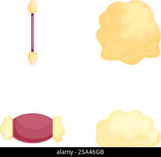 Assortiment d'illustrations de collations animées vibrantes et ludiques, rendues numériquement et illustrées de manière créative, parfaites pour les enfants et les motifs sur le thème de la confiserie. Ensemble de quatre icônes de casse-croûte de dessin animé de couleurs vives sur un fond blanc Illustration de Vecteur