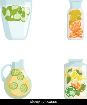 Collection d'illustrations vectorielles colorées mettant en vedette des pichets d'eau fruitée. Ensemble d'illustrations rafraîchissantes de l'eau infusée Illustration de Vecteur