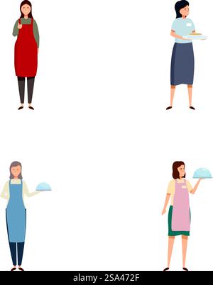 Collection de quatre personnages féminins divers en uniformes de service, tenant des plateaux et des assiettes. Jeu de quatre illustrations du personnel de service féminin Illustration de Vecteur