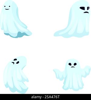 Collection de quatre adorables illustrations fantômes de dessins animés, avec diverses expressions, isolées sur blanc. Ensemble de fantômes de dessin animé mignons sur fond blanc Illustration de Vecteur