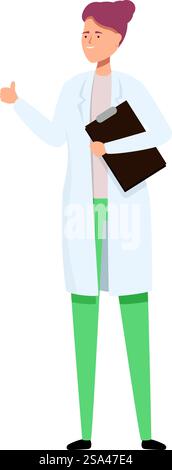 Médecin féminin montrant un geste du pouce vers le haut tenant la planche à pince portant une blouse de laboratoire. Amical Doctor tient un presse-papiers et fait des gestes avec les pouces vers le haut Illustration de Vecteur