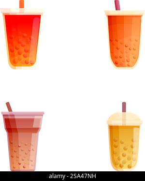 Ensemble de quatre illustrations colorées de thé à bulles, présentant différentes saveurs et styles. Assortiment de boissons à base de thé moussant Illustration de Vecteur