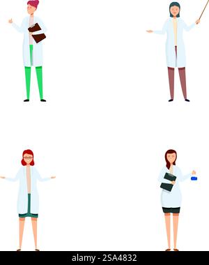 Collection de quatre médecins illustrés dans diverses poses, isolés sur fond blanc. Ensemble de quatre médecins de dessins animés divers Illustration de Vecteur