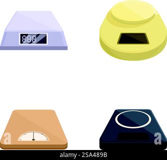 Collection de quatre balances modernes différentes dans un design plat, isolé sur un fond blanc. Différents types de balances isolées sur blanc Illustration de Vecteur
