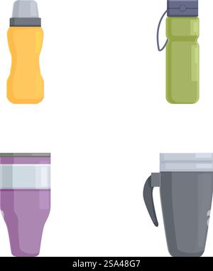 Collecte de quatre récipients à boissons, y compris des bouteilles d'eau et des gobelets. Ensemble de divers récipients de boisson isolés sur blanc Illustration de Vecteur