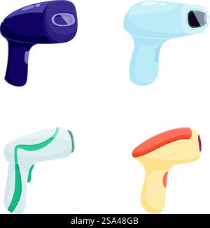 Collection colorée de quatre séchoirs à cheveux de style dessin animé isolés sur un fond blanc. Ensemble de sèche-cheveux de dessin animé sur fond blanc Illustration de Vecteur