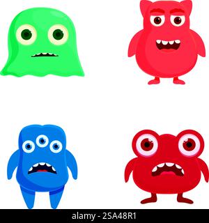 Collection de quatre personnages de monstre de dessin animé mignons et vibrants avec différentes expressions. Jeu de personnages de monstre de dessin animé coloré Illustration de Vecteur