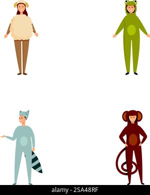 Collection de quatre individus habillés de jolis onesies animales de style dessin animé. Ensemble de personnes en costumes d'animaux Illustration de Vecteur