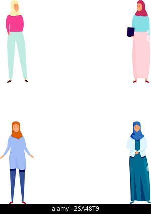 Collection diversifiée d'illustrations de personnages féminins dans un style vectoriel moderne et plat, représentant la variété multiculturelle et ethnique. Ensemble de quatre illustrations féminines diverses, présentant différents styles et ethnies Illustration de Vecteur