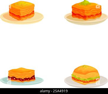 Collection de desserts de dessins animés assortis avec des illustrations de nourriture sucrée et des bonbons vectoriels sur une assiette blanche, isolé avec une variété de produits de boulangerie, pâtisseries, gâteaux, tartes, et plus encore. Ensemble de quatre délicieuses illustrations de dessert de style dessin animé sur des assiettes, isolé sur blanc Illustration de Vecteur