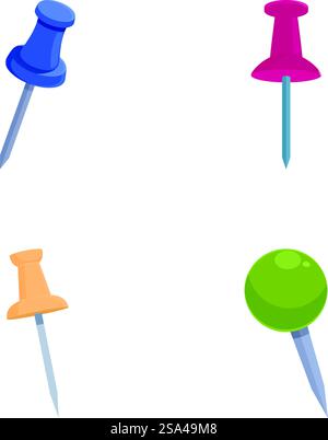 Collection de quatre punaises de style dessin animé de différentes couleurs pour le bureau et l'école, isolées sur blanc. Jeu de punaises colorées isolées sur fond blanc Illustration de Vecteur