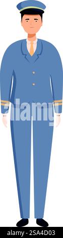 Pilote de ligne portant un motif de personnage souriant, de salutation debout uniforme. Pilote de ligne masculin amical portant un uniforme debout dans la pose de salutation Illustration de Vecteur