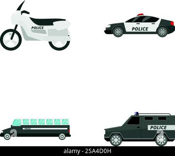 Illustration vectorielle de la moto de police, voiture, bus, et van isolé sur blanc. Ensemble d'icônes de véhicules de transport de police Illustration de Vecteur