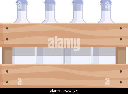 Caisse en bois contenant des bouteilles en verre pleines de lait placées les unes sur les autres, un visuel de livraison de produits laitiers. Caisse en bois contenant des bouteilles en verre pleines de lait placées les unes sur les autres Illustration de Vecteur