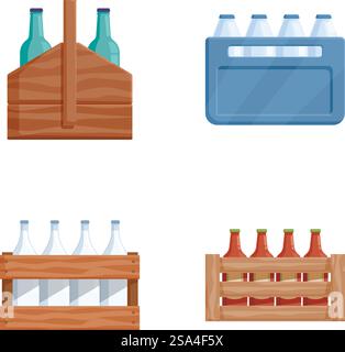Ensemble d'illustration vectorielle présentant divers styles de caisses à bouteilles et d'emballage de boisson. Assortiment d'emballages pour boissons et de caisses à bouteilles Illustration de Vecteur