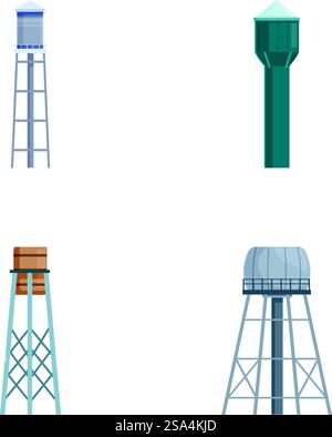 Collection de quatre conceptions variées de château d'eau dans un style plat, isolé sur fond blanc. Ensemble de quatre illustrations de château d'eau Illustration de Vecteur