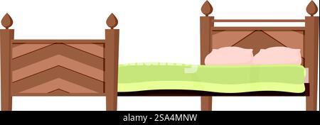 Lit double en bois avec matelas orthopédique et deux oreillers, lieu de couchage confortable pour le repos et la détente. Lit double en bois avec matelas orthopédique sur fond blanc, linge de lit en matériaux écologiques Illustration de Vecteur