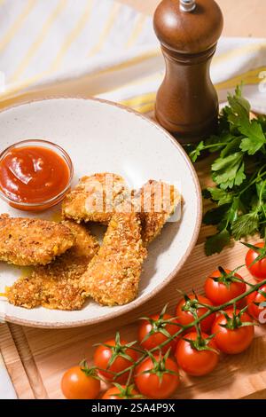 Nuggets panés croustillants dorés avec sauce tomate sur une assiette. Légumes verts frais, tomates cerises et un moulin à poivre en bois dans le cadre. Homéma appétissant Banque D'Images