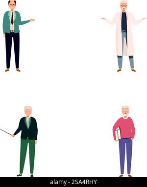 Illustrations de quatre hommes âgés différents dans divers vêtements et poses, isolés sur fond blanc. Ensemble diversifié de personnages d'hommes âgés de dessin animé Illustration de Vecteur