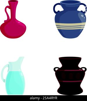Ensemble de quatre illustrations vectorielles colorées de différentes cruches et vases stylisées sur un fond blanc. Variété de vases et cruches anciens et modernes de bande dessinée Illustration de Vecteur