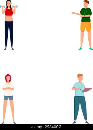 Illustrations vectorielles de quatre personnes impliquées dans diverses tâches, l'exercice, l'explication, le mécontentement et la prise de notes. Ensemble de personnes diverses s'engageant dans différentes activités Illustration de Vecteur