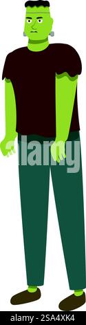 Frankenstein & rsquo ; s monstre debout et menaçant avec la peau verte et les boulons dans son cou. Monstre vert menaçant se tient debout avec ses bras à ses côtés Illustration de Vecteur