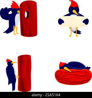 Les icônes d'oiseaux de pic-bois définissent le vecteur de dessin animé. Pic-bois coloré drôle. Personnage de dessin animé. Les icônes d'oiseaux de pic-bois définissent le vecteur de dessin animé. Pic-bois coloré drôle Illustration de Vecteur