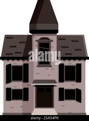 Vieille maison de briques abandonnée avec des fenêtres boisées et un toit fatigué tombe en délabrement. La vieille maison de briques abandonnée avec des fenêtres en bois tombe en délabrement Illustration de Vecteur