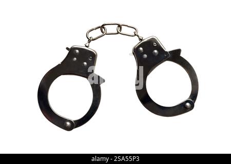 Menottes en métal en acier inoxydable découpe isolée sur fond blanc Banque D'Images