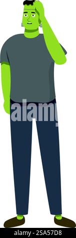 Monstre humanoïde vert grattant son front cousu, perplexe et profond dans la pensée. Pensive frankenstein&rsquo;s personnage monstre grattant la tête dans la pensée Illustration de Vecteur