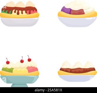 Ensemble vectoriel de desserts assortis délicieux et coloré avec des friandises sucrées, des confiseries savoureuses et une collection d'illustrations de collations gourmandes tentantes pour les concepts de conception de menu, de boulangerie et de confiserie. Collection de quatre illustrations vectorielles mettant en vedette des plats de dessert colorés et délicieux Illustration de Vecteur