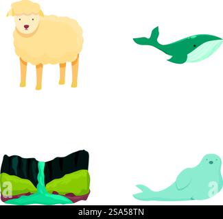 Charmant ensemble de quatre animaux mignons et illustrations de la nature, y compris un mouton, une baleine, une cascade et un phoque. Illustrations fantaisistes de la faune et de la nature Illustration de Vecteur