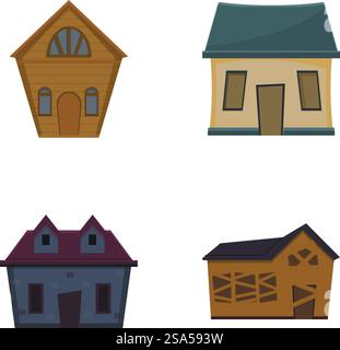 Les icônes de maison en décomposition définissent le vecteur de dessin animé. Divers logements en mauvais état. Thème de l'architecture. Les icônes de maison en décomposition définissent le vecteur de dessin animé. Divers logements en mauvais état Illustration de Vecteur