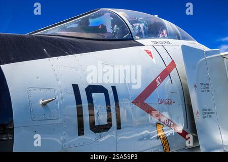 Un avion de chasse avec le numéro 101 sur le côté. L'avion est blanc et rouge. Le pilote regarde par la fenêtre Banque D'Images